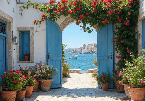 Mediteriaans boog met doorkijk haven 100x70CM