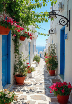 Mediteriaans straatje met bloemen 70x100CM